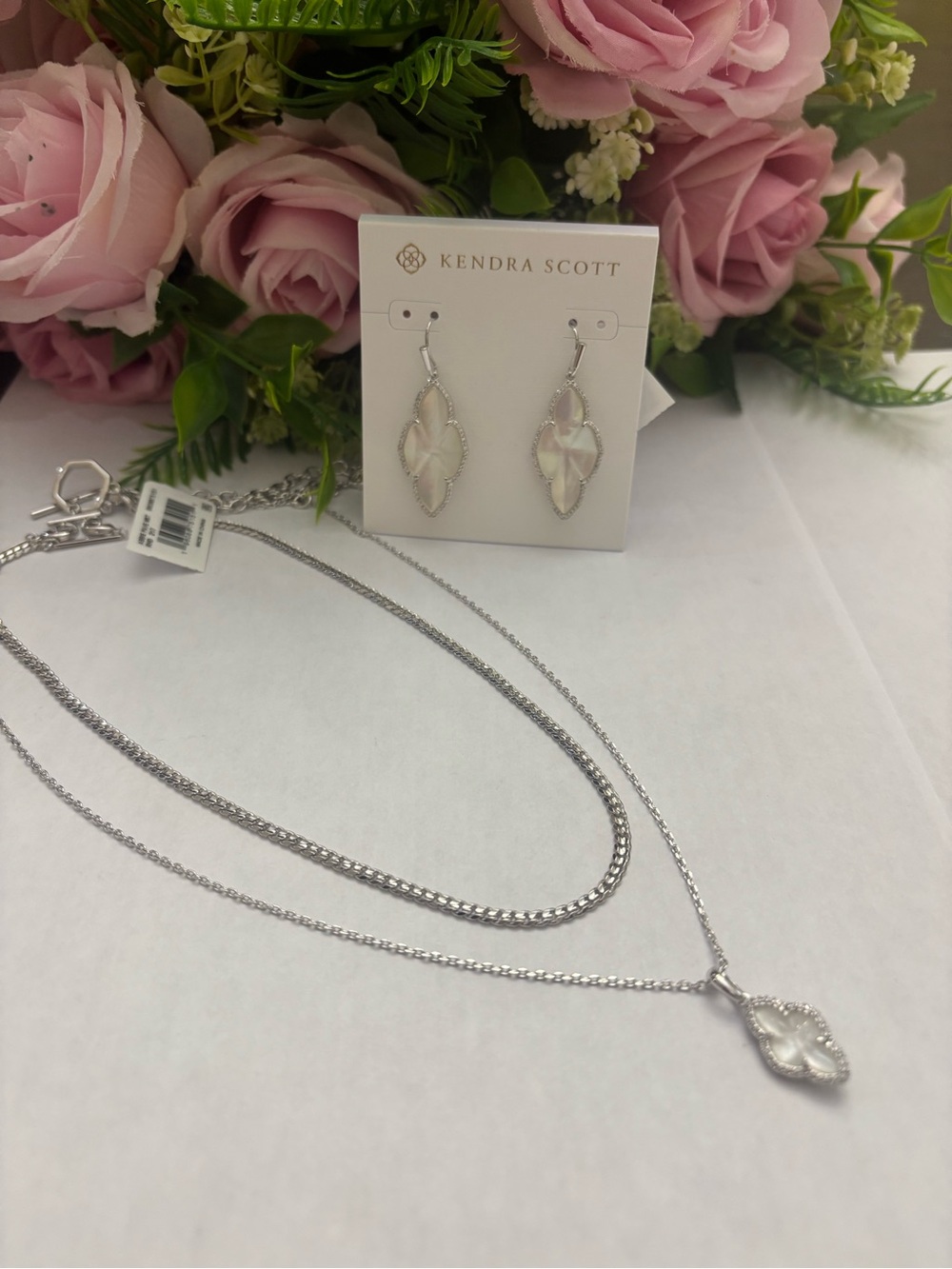 NWT Kendra Scott set of Abbie Pave Frame Drop Earrings + multi standard necklace